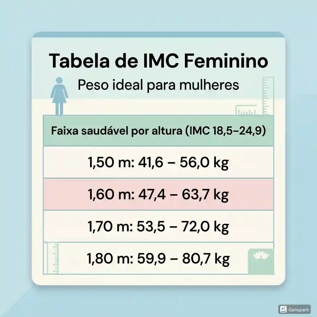 Tabela de IMC feminino com peso ideal por altura